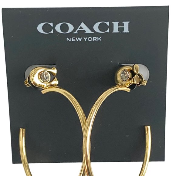 AUTH NEW Coach Gold Signature 1.5" Hoop Earrings with Crystal on Card w/Dust Bag - Picture 6 of 8